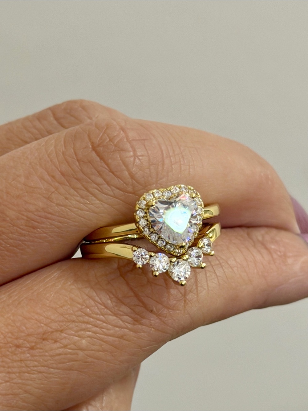 New 14K Gold Plated Heart Cubic Zirconia 2-Piece Stackable bridal ring set 7